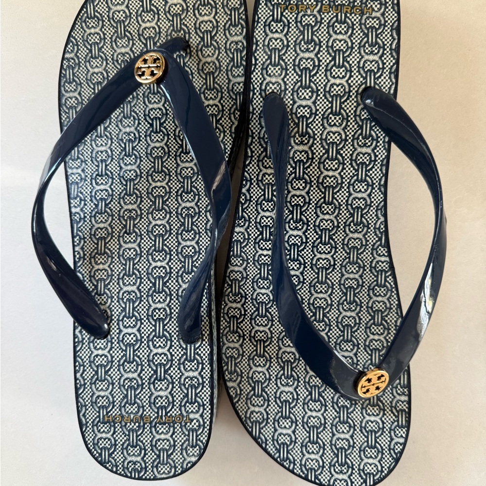 Tory Burch Navy Logo Flip Flop Wedge sandal with small platform heal